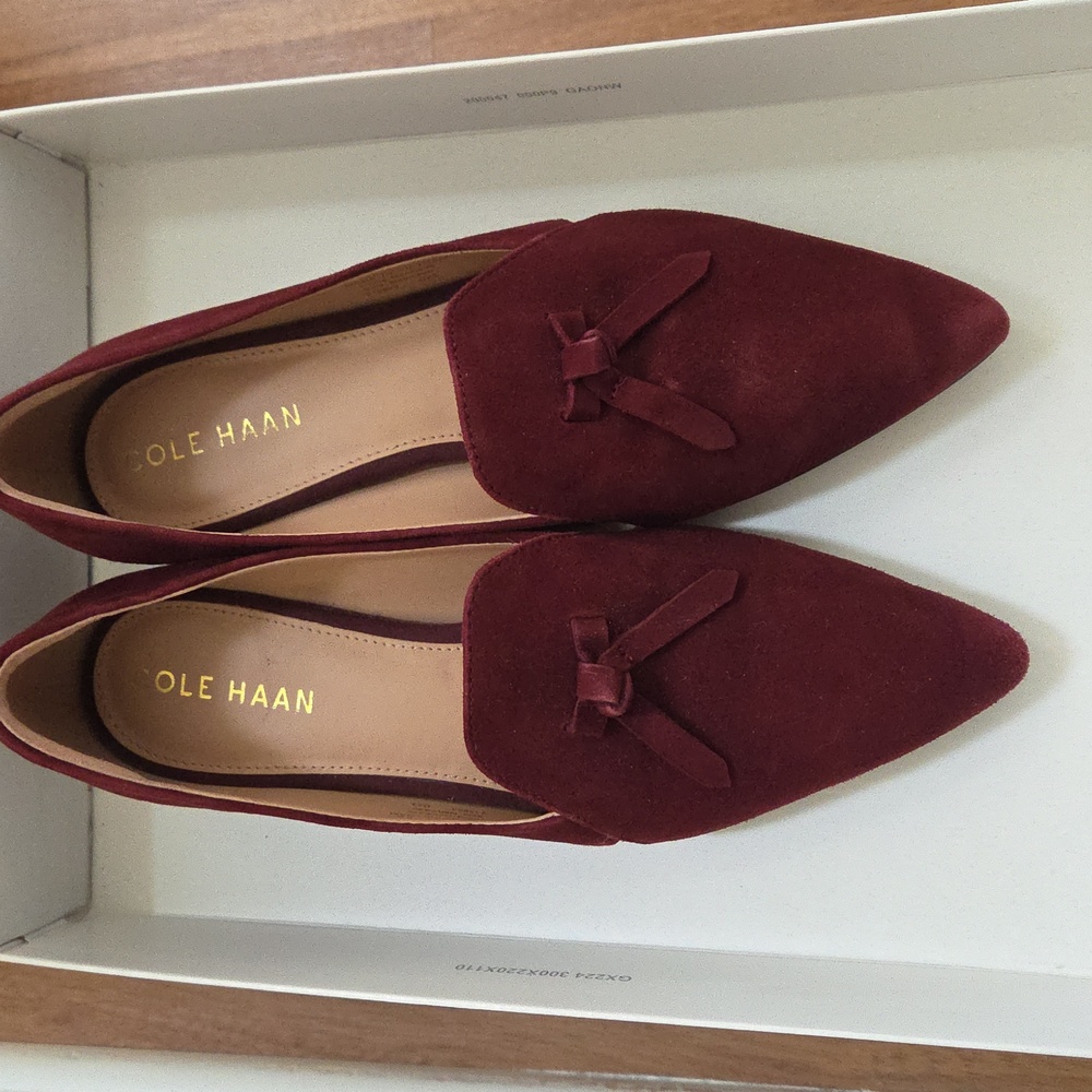 Cole Haan Burgundy Suede Pointed-Toe Flats with Bow